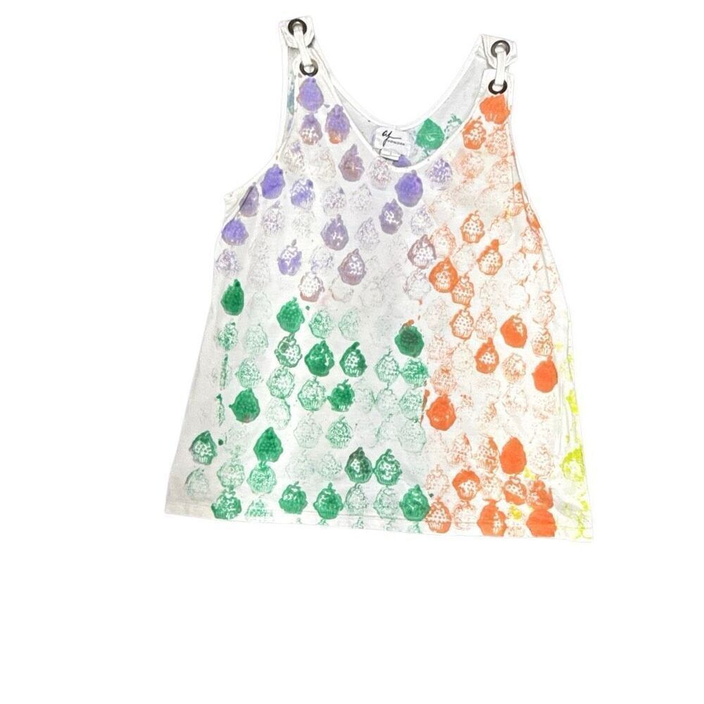 Upcycled Women's White Hand Stamped Cupcake Design Tank Top Large one of one